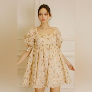 Storia Golden Floral Babydoll‎ Puff Sleeve Mini Dress Large Romantic Cottage NEW